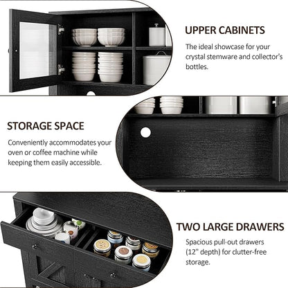 IDEALHOUSE 63" Kitchen Pantry Cabinet with Drawers, Hutch Cabinet with Storage, Microwave Stand, Adjustable Shelves, Freestanding Tall Pantry Storage for Dining Room, Living Room, Black