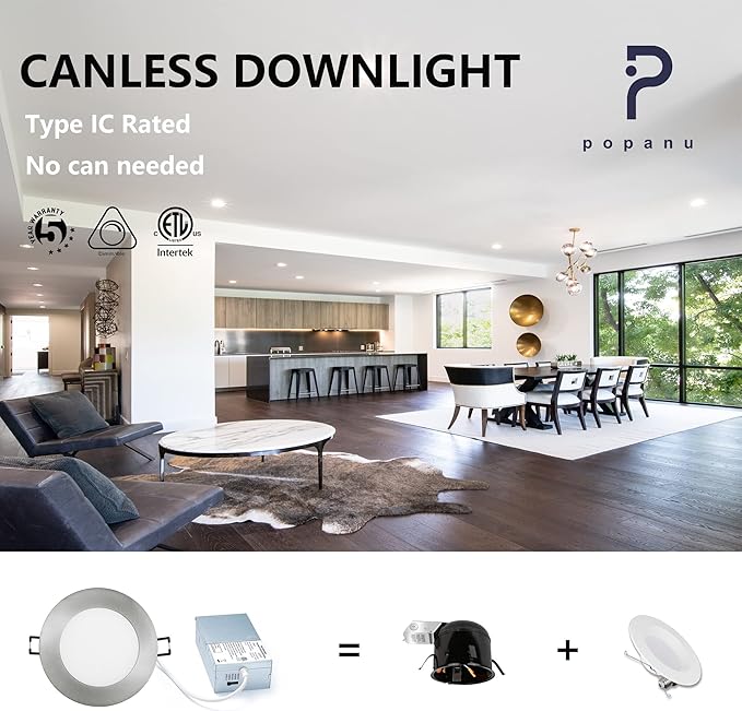 POPANU Premium LED-Canless Downlight Recessed Lighting 4-inch 5 CCT Adjustable Dimmable Recessed Lights Fixture with Junction Box, Ceilling Light 2700-5000K, 9W, Brushed Nickel, 6 Pack