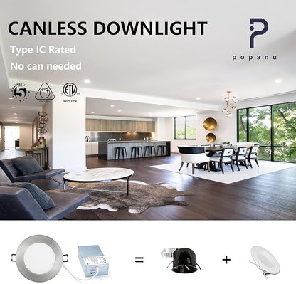 POPANU Premium LED-Canless Downlight Recessed Lighting 4-inch 5 CCT Adjustable Dimmable Recessed Lights Fixture with Junction Box, Ceilling Light 2700-5000K, 9W, Brushed Nickel, 6 Pack