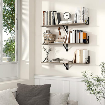 Axeman Floating Shelves for Wall, 8 Inch Deep Grey Wall Shelves Set of 2, 16''W x 8''D Rustic Grey Wood Shelves for Farmhouse Bookshelf Living Room Bedroom