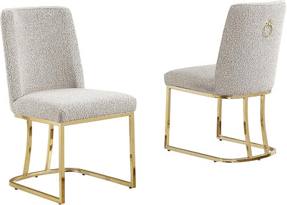 Modern Chairs Set of 2, Chrome Side Chairs & Counter Stools with Ring Pull Back, Luxury Upholstered Chairs for Kitchen Island, Dining Room & Home Bar (Boucle, Gray/Gold, Side Chair)