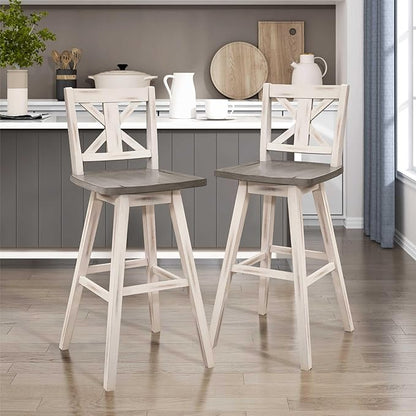 Lexicon Bar Height Bar Stools Set of 2-Solid Wood Frame 360° Swivel Wooden Stools, Foot Rest, X Back, Wide Seat, Distressed Farmhouse Easy to Clean Finish, 28.5" SH, Antique White/Grey
