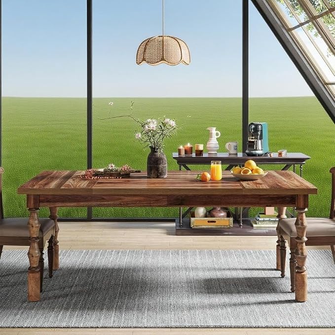 Farmhouse Dining Table, 62" Rectangular Wood Kitchen Table with Turned Legs, Rustic Farmhouse Dining Room Table for 4-6 People, for Dining Room, Kitchen and Living Room