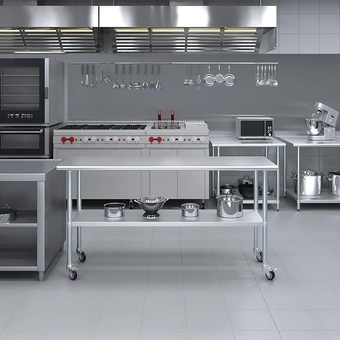 Stainless Steel Work Table with Wheels | NSF Kitchen Island Food Prep | Laundry Garage Utility Bench (Table + Wheels, 72" Long x 24" Deep)