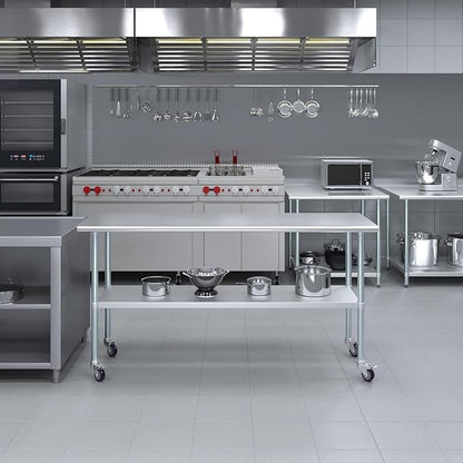Stainless Steel Work Table with Wheels | NSF Kitchen Island Food Prep | Laundry Garage Utility Bench (Table + Wheels, 72" Long x 24" Deep)