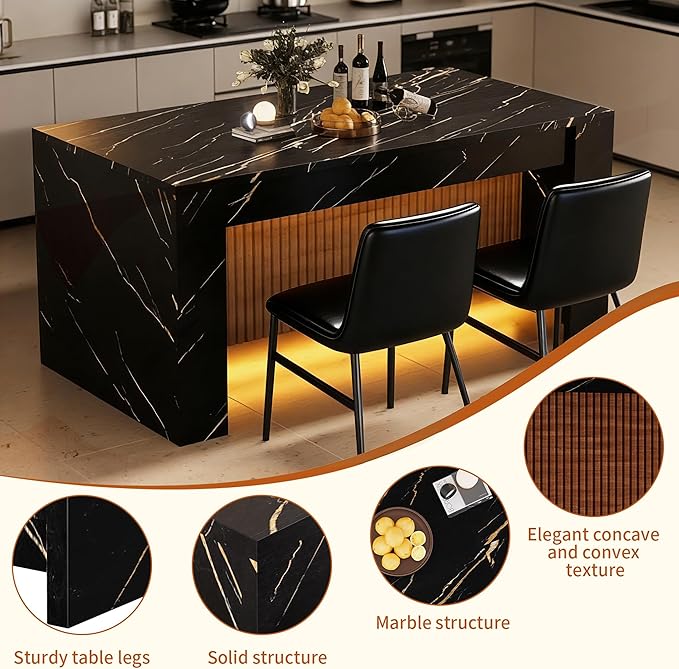 Large Faux Imitation Dining Table with Velvet Dining Chairs Set of 4, Marble Stripes Kitchen Island Table with Grille Design for 4-6, Luxury Island with LED Lights for Home Kitchen. (Black)
