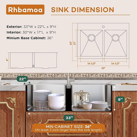 Rhbamoa Double Bowl Drop In Kitchen Sink 33x22,16-Gauge T304 Stainless Steel Topmount Kitchen Sink,50/50 Double Bowl Kitchen Sinks,Deep Sinks with All Accessories, Brushed Finish