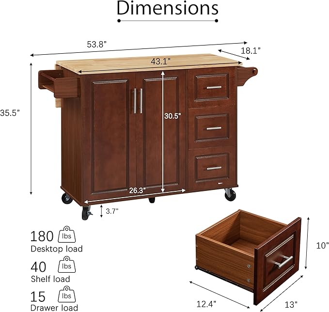 Modern Dining Table Expandable Kitchen Island Cart with Drop Countertop Cabinet Tower Rack Wheels Wood Console Luxury Decor,Brown-3