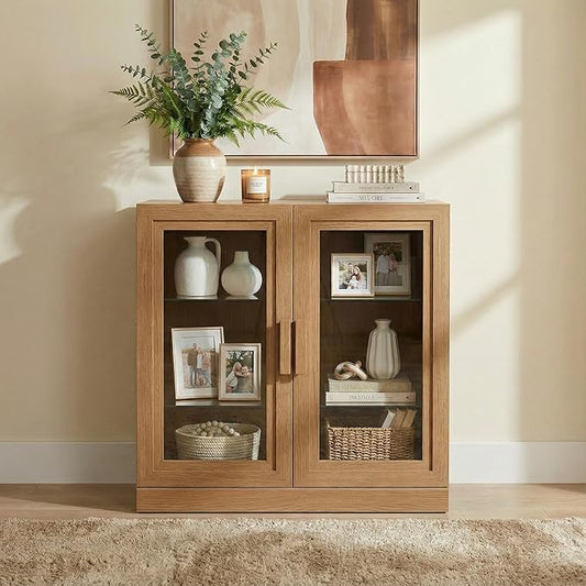Casaphoria Adam Sideboard Buffet Cabinet with Storage, Display Cabinet with Glass Doors & Adjustable Shelves, 31" W x 31" H Buffet Cabinet for Entryway Kitchen Living Room, Oak