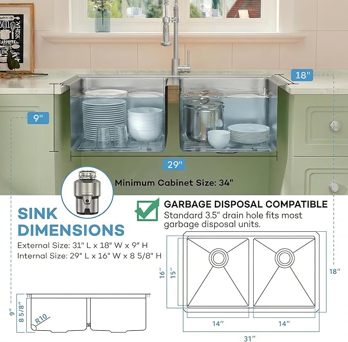 LQS Stainless Steel Sink Double Bowl, 31 Inch Kitchen Sink Undermount, Undermount/Drop In Installation Kitchen Sink 31x18, X-Shaped Drain Line for Quick & Fast Drainage