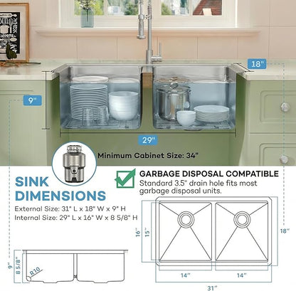 LQS Stainless Steel Sink Double Bowl, 31 Inch Kitchen Sink Undermount, Undermount/Drop In Installation Kitchen Sink 31x18, X-Shaped Drain Line for Quick & Fast Drainage
