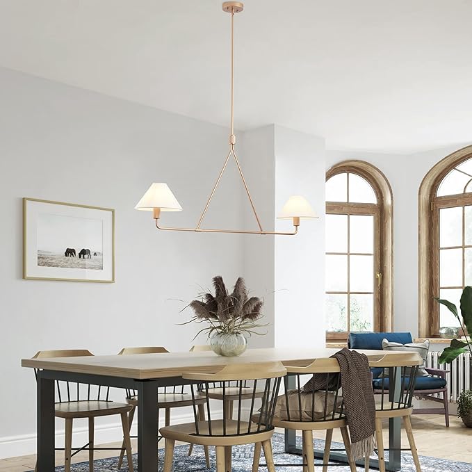 Aiwen Modern 2-Light Kitchen Island Pendant Light 46.45 inch Rose Gold Pendant Lights with Fabric Shade Classic Farmhouse Linear Chandelier Over Table for Dining Room Bar E12