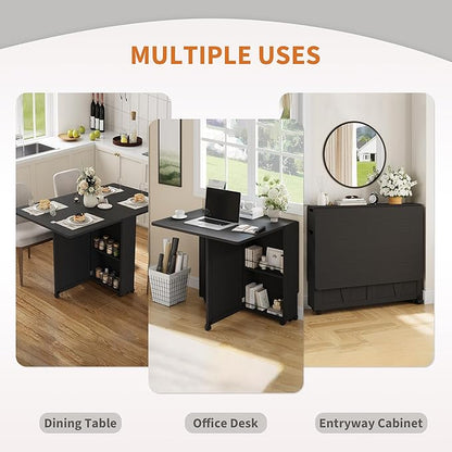 Garvee Folding Dining Table with Storage, Folding Kitchen Table with 6 Wheels, Drawer & Shelves, Compact Dining Table for Small Spaces