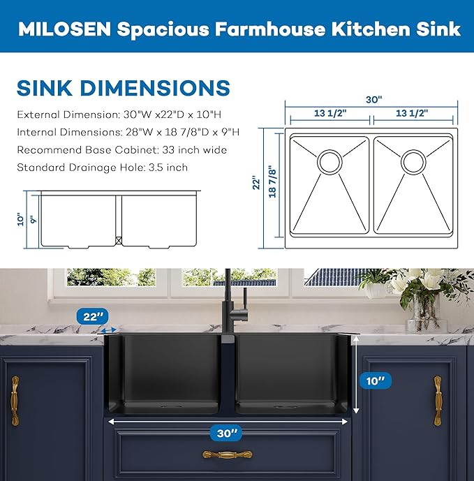MILOSEN 30 Inch Black Farmhouse Kitchen Sink, 30''x22'' Drop in Black Stainless Steel Workstation Apron Front Sink with Ledge & Accessories, Double Bowl Farm Sinks, 10'' Large and Deep Handmade Sinks