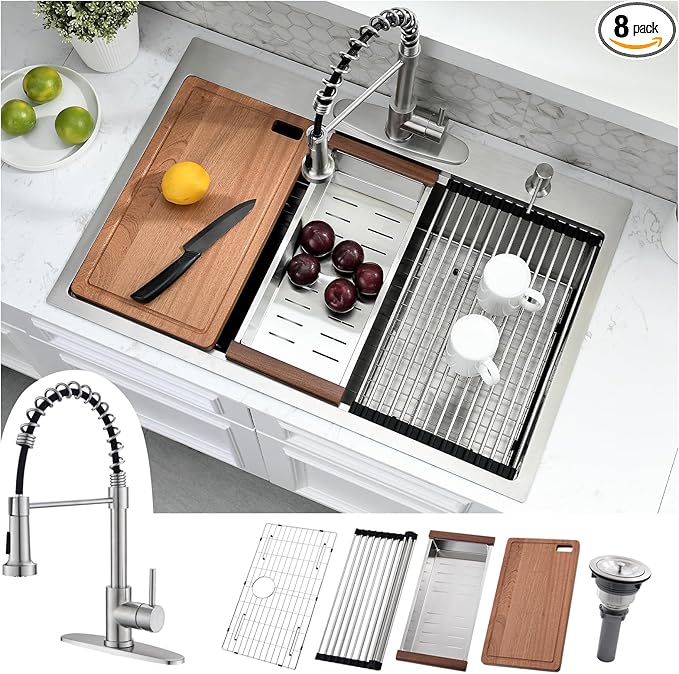 33 x 22 Drop In Kitchen Sink with Faucet Combo - 33x22 Drop In Sink and Faucet Combo Set,Stainless Steel 10 Inch Deep Single Bowl Workstation Sinks with Accessories