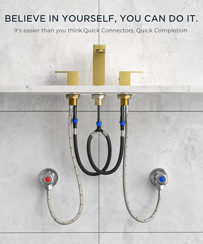 QFN Lead-Free Gold Bathroom Faucet 3 Hole, Square Bathroom Sink Faucet 8 Inch Widespread, 2 Handle for 4"-12" Vanity Sink with Metal Pop Up Drain and 24" cUPC Supply Hoses