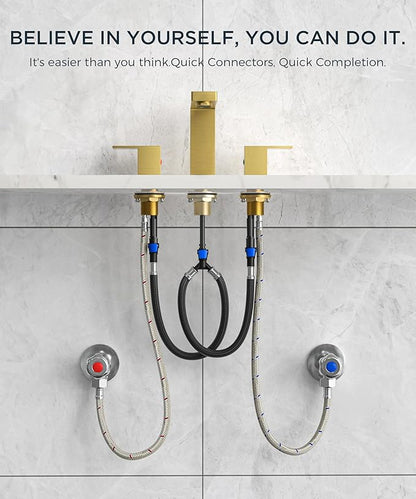 QFN Lead-Free Gold Bathroom Faucet 3 Hole, Square Bathroom Sink Faucet 8 Inch Widespread, 2 Handle for 4"-12" Vanity Sink with Metal Pop Up Drain and 24" cUPC Supply Hoses
