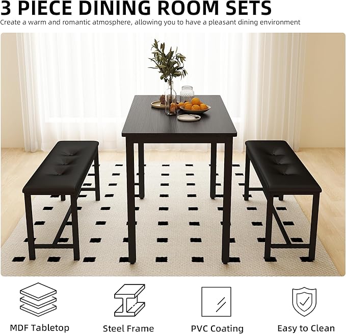 Dining Table Set for 4, Wood Kitchen Table & Chair with 2 Upholstered Benches for Breakfast Nook and Small Space, Black