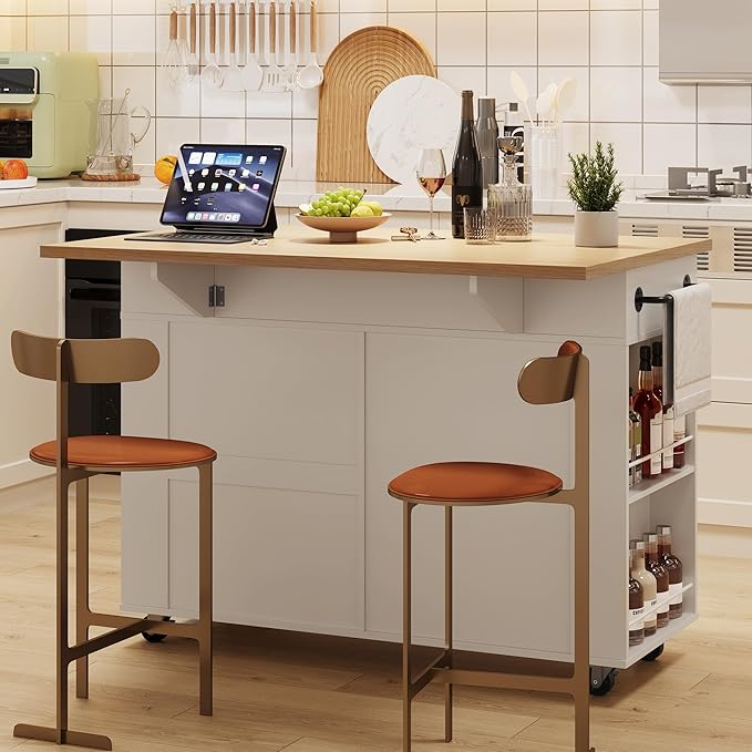 IDEALHOUSE Rolling Kitchen Island with Drop Leaf Countertop, Charging Station & Ample Storage - 47.2" Mobile Kitchen Cart On Wheels with Pull-Out Shelves, Drawers, Spice Rack & Organizer Divider