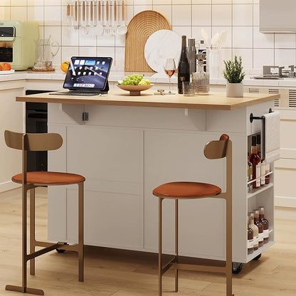 IDEALHOUSE Rolling Kitchen Island with Drop Leaf Countertop, Charging Station & Ample Storage - 47.2" Mobile Kitchen Cart On Wheels with Pull-Out Shelves, Drawers, Spice Rack & Organizer Divider