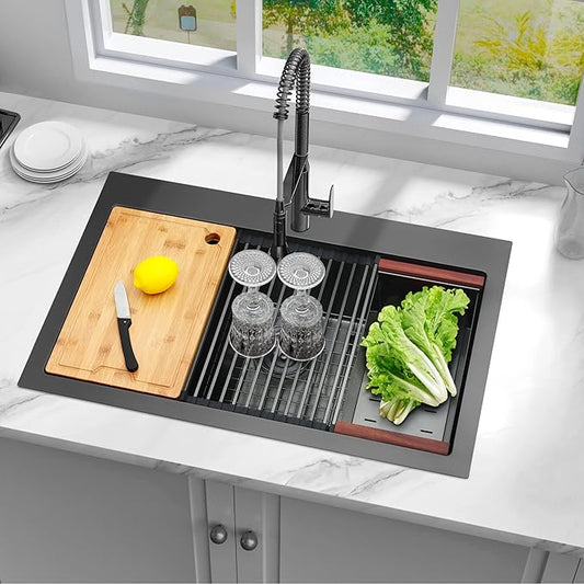 LQS Black Drop In Kitchen Sink, 33x22 Drop In Kitchen Sink, 16 Gauge Stainless Steel Sink Top Mount Deep & Large Sink with Multifunctional Workstation Kitchen Sinks and Practical Accessories