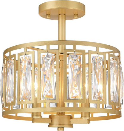 Gold Semi Flush Mount Ceiling Light, 3-Light Modern Brass Ceiling Fixture with K9 Crystals, Bedroom Light Fixture, Semi Flush Mount Ceiling Lights