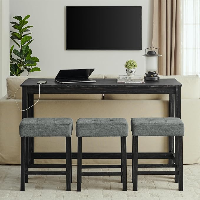 59" Bar Table Set with Power Outlet - 4 Piece Dining Table and 3 Upholstered Stools, Counter Height Pub Table with Charging Station, Fordining Room, Kitchen Island Table with Seating Pub Table Set