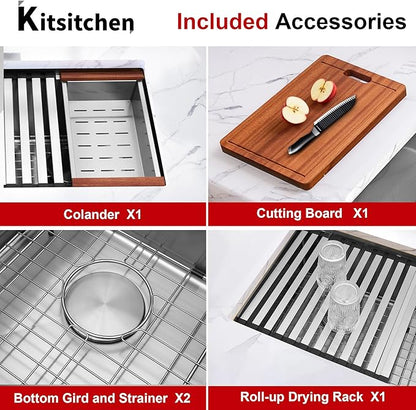 Kitsitchen Undermount Kitchen Sink, 16 Gauge T-304S Stainless Steel Workstation Sink, 50/50 Double Kitchen Sinks, 30" x 18" x 10" Large and Deep Handmade Kitchen Sinks with Accessories