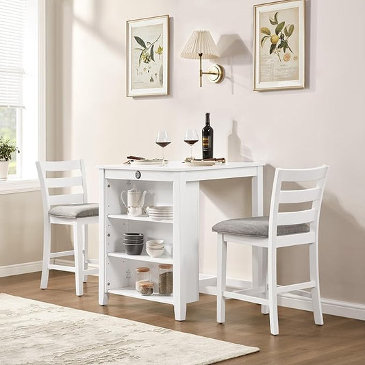 Bar Table Set with Charging Station & 3-Tier Storage, Space-Saving Dining Table Set for 2 with Upholstered Chairs, Small Kitchen Island for Apartment (36 Inch+White)