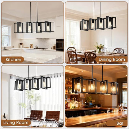 Dining Room Light Fixture, 4-Light Kitchen Island Lighting, Height Adjustable Island Lights For Kitchen, Black Linear Chandeliers For Dining Room, Metal Farmhouse Chandelier for Living Room(No Bulb)