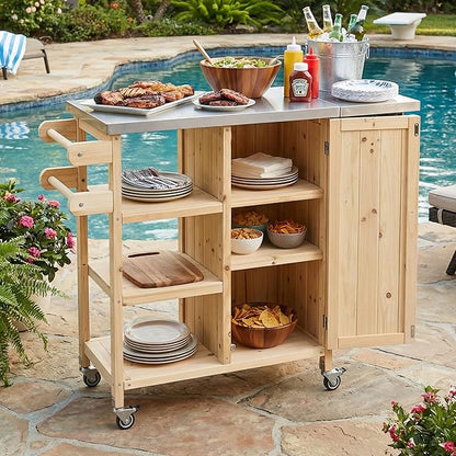 MERITLINE Foldable Outdoor Kitchen Island with Stainless Steel Top, Lockable Rolling Casters & Towel Rack, Mobile BBQ Prep Cart with Open Shelves and Hidden Cabinet for Patio, Balcony, Natural