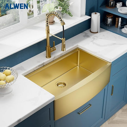 33" Luxury Gold Farmhouse Sink – ALWEN 16 Gauge Workstation Apron Front Sink, 10" Depth Single Bowl with R10 Radius & Accessories