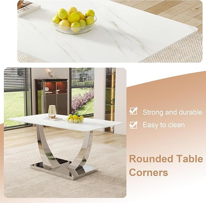 AZmac 63'' White Dining Table, Faux Marble Dining Room Table for 4-6, Tempered Glass Dinner Table with Silver Chrome U Shaped Legs for Kitchen Dining Room