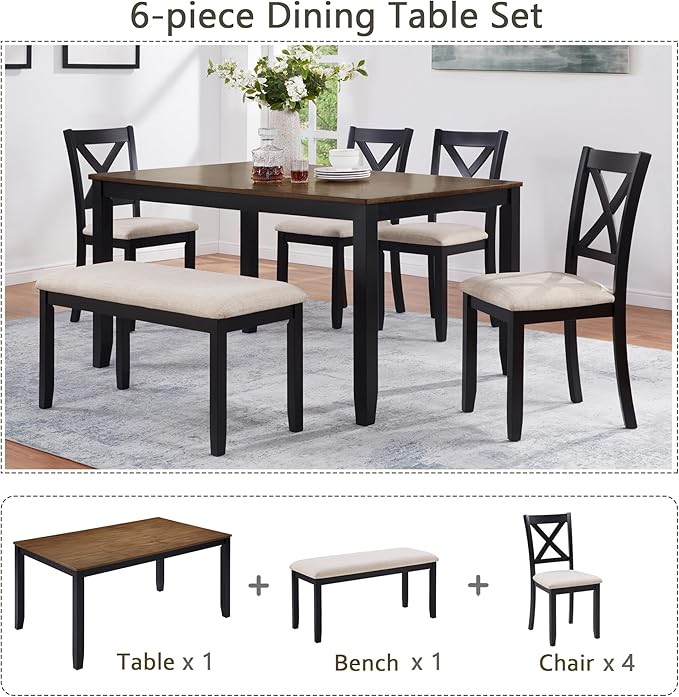 6 Piece Wooden Dining Table Set with Bench, Classic Farmhouse Dining Table Set for 6, Timeless Black and Oak Two Tone Dining Room Set for Kitchen and Dining Room