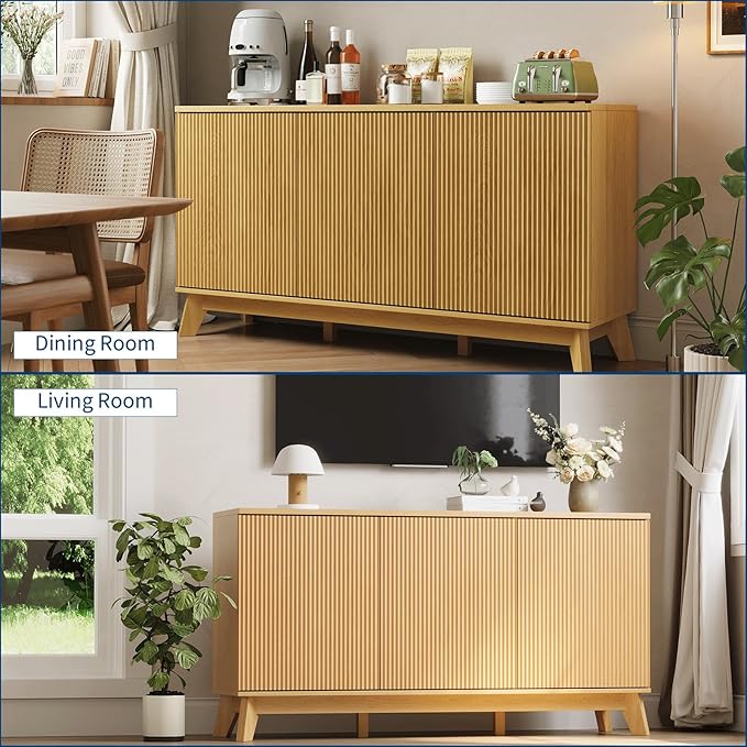 GarveeHome 58" Modern Farmhouse Sideboard Buffet Cabinet with Adjustable Shelves Storage & 4 Doors, Wood Buffet Console Table, Curved Design, Cupboard Coffee Bar Cabinet for Dining Room, Living Room