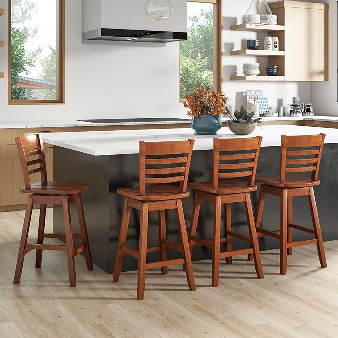 Giantex Wood Bar Stools Set of 2, 24.5" Swivel Counter Height Bar Stools with Slatted Hollow Back & Ergonomic Contoured Seat, Footrest, Farmhouse Wooden Barstools for Kitchen Island, Bar, Cafe, Walnut