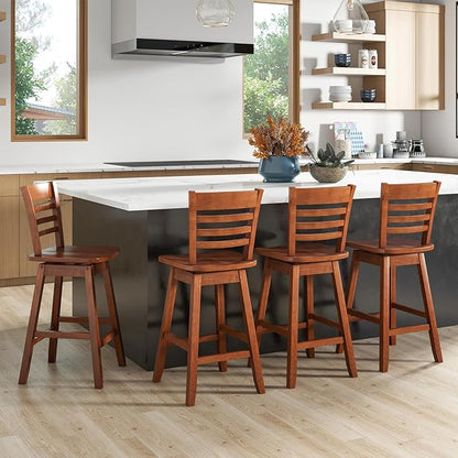 Giantex Wood Bar Stools Set of 2, 24.5" Swivel Counter Height Bar Stools with Slatted Hollow Back & Ergonomic Contoured Seat, Footrest, Farmhouse Wooden Barstools for Kitchen Island, Bar, Cafe, Walnut