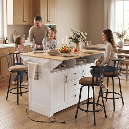 Homy Casa 5 Piece Kitchen Island Set with 4 Swivel Bar Stools, Rolling Kitchen Cart with Drop Leaf, Power Outlet, Drawers and Storage Cabinet, Breakfast Bar Table Set for Dining Room (Teal Blue)