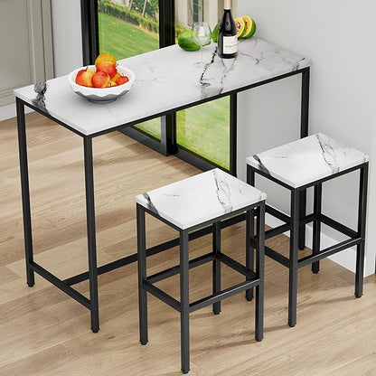 Aklaus Bar Table Set,44" White Faux Marble Top Bar Table and Chairs Set,Counter Height Bartable with 2 Bar Stools,3 Piece Kitchen Breakfast Table for Living Room Dining Room Apartment