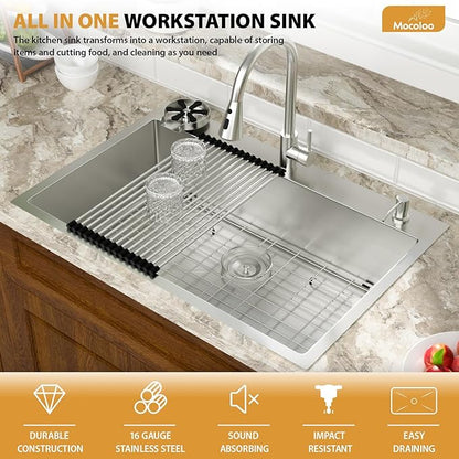 Mocoloo Drop In Kitchen Sink with Faucet Combo 16 Gauge Stainless Steel Single Bowl 30 Inch Drop In Sink with Cup Washer, Pull-out Faucet, and Soap Dispenser, 30''x22''x9'' Topmount Kitchen Sinks