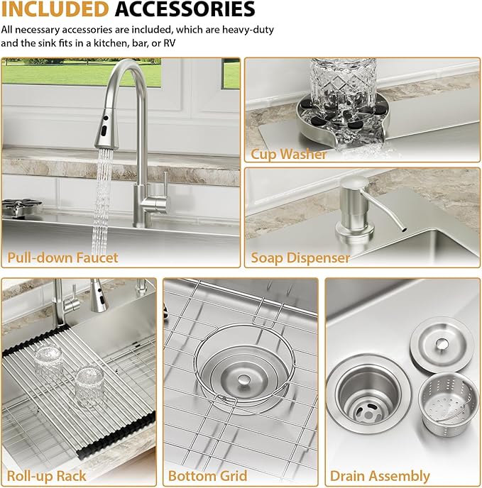Mocoloo Drop In Kitchen Sink with Faucet Combo 16 Gauge Stainless Steel Single Bowl 30 Inch Drop In Sink with Cup Washer, Pull-out Faucet, and Soap Dispenser, 30''x22''x9'' Topmount Kitchen Sinks