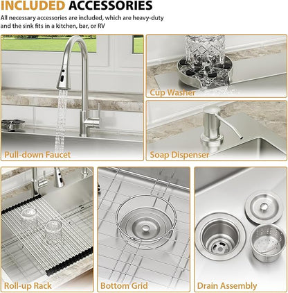 Mocoloo Drop In Kitchen Sink with Faucet Combo 16 Gauge Stainless Steel Single Bowl 30 Inch Drop In Sink with Cup Washer, Pull-out Faucet, and Soap Dispenser, 30''x22''x9'' Topmount Kitchen Sinks