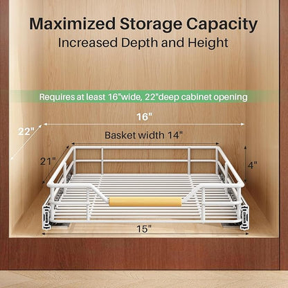 Pull out Cabinet Organizer, 15"W X 21"D, Heavy Duty Smooth Sliding Under Cabinet Shelves for Pots and Pans, Full-Extension Roll out Drawers, Slide out Organization for Home Kitchen Pantry, White