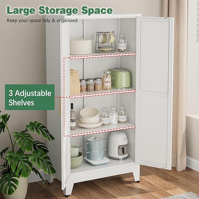 Bevivog 61" Metal Storage Cabinet with Doors and Shelves, Farmhouse Tall Bathroom Cabinets Freestanding, White Metal Pantry Cabinet for Kitchen, Living Room, Home Office