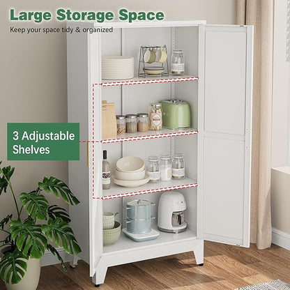 Bevivog 61" Metal Storage Cabinet with Doors and Shelves, Farmhouse Tall Bathroom Cabinets Freestanding, White Metal Pantry Cabinet for Kitchen, Living Room, Home Office