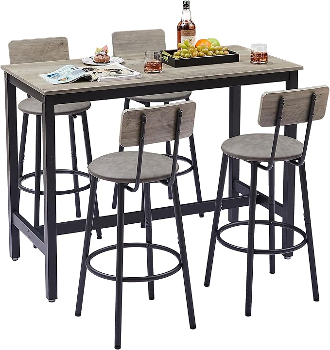 Grey Industrial Bar Height Table and Chairs Set - 5-Piece Bar Table & Chairs Set, Perfect as Kitchen Table, Small Dining Table with Chairs, or Kitchen Island Seating