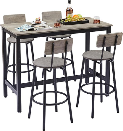 Grey Industrial Bar Height Table and Chairs Set - 5-Piece Bar Table & Chairs Set, Perfect as Kitchen Table, Small Dining Table with Chairs, or Kitchen Island Seating