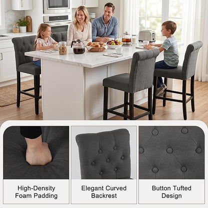 LSSBOUGHT 24 Inches Upholstered Counter Stools, Bar Stools Set of 4, Fabric Counter Stools with Back, Counter Height Bar Chairs with Solid Wood Legs for Home Kitchen Island Dining Room, (4pcs,Grey)