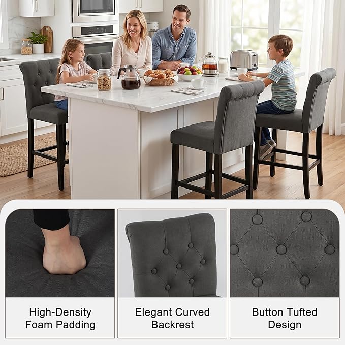 LSSBOUGHT 24 Inches Upholstered Counter Stools, Bar Stools Set of 2, Fabric Counter Stools with Back, Counter Height Bar Chairs with Solid Wood Legs for Home Kitchen Island Dining Room, (2pcs,Grey)