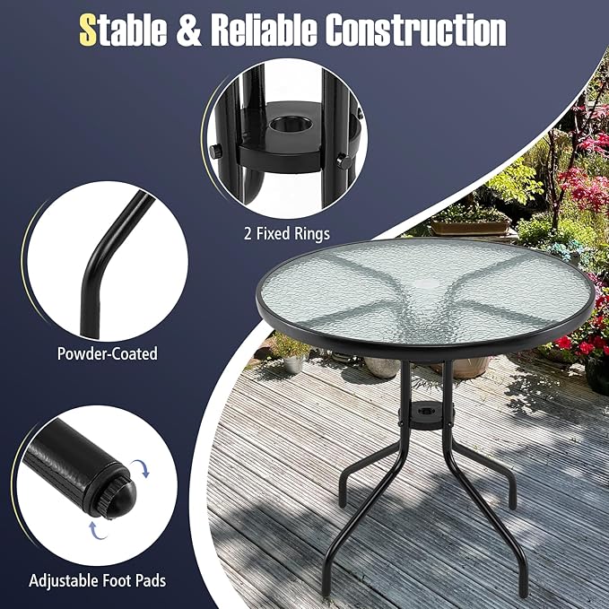 HAPPYGRILL Outdoor Bistro Table, 32" Patio Round Dining Table with Tempered Glass Tabletop & 2" Umbrella Hole, for Garden Backyard Poolside Porch